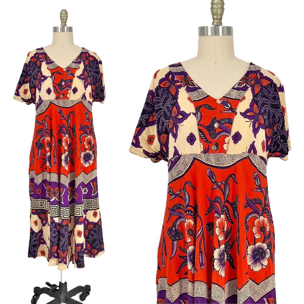 Vtg Jaya Baya Batik Floral Midi Dress size M/L Indonesia Wax Block Print - Picture 1 of 11